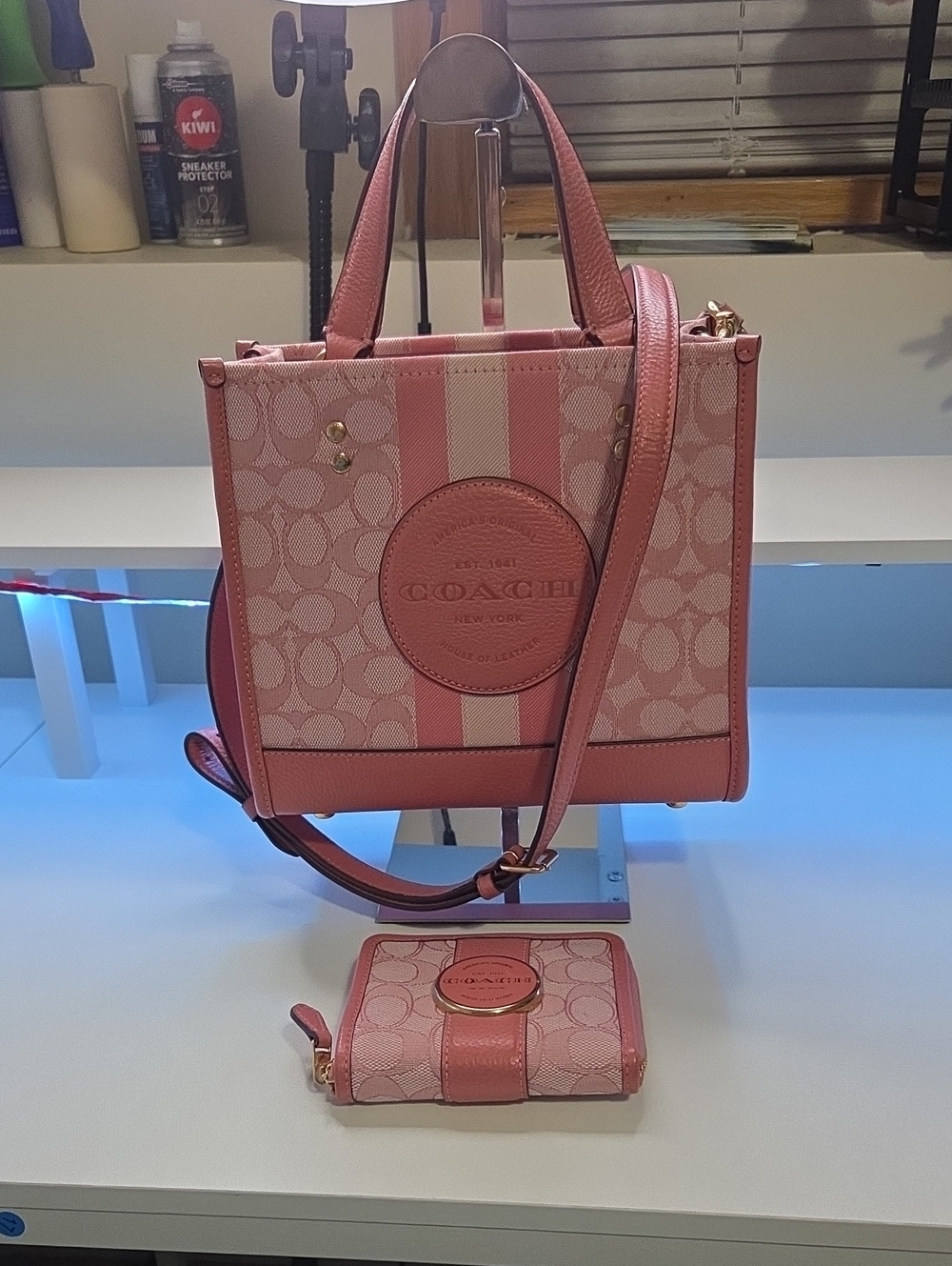 Coach Pink Dempsey 22 nwot Signature Stripe Satchel with Crossbody Strap